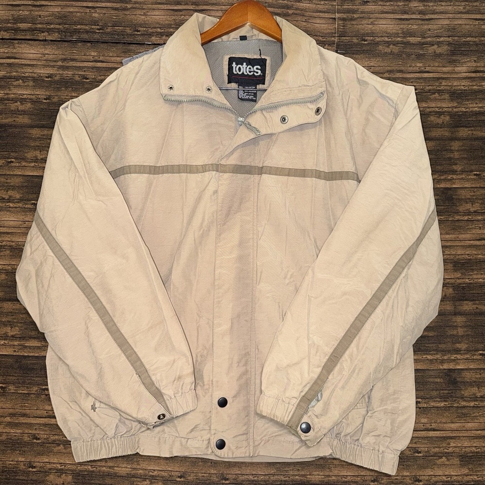 Totes Brown Tan Wind Breaker Rain Jacket Mens L Nylon Zip Up Outdoors Hiking